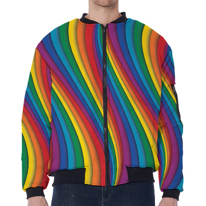 Curved Rainbow Pattern Print Zip Sleeve Bomber Jacket