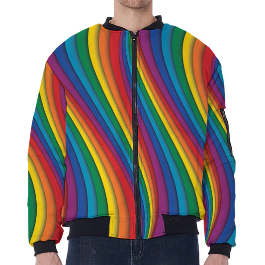 Curved Rainbow Pattern Print Zip Sleeve Bomber Jacket