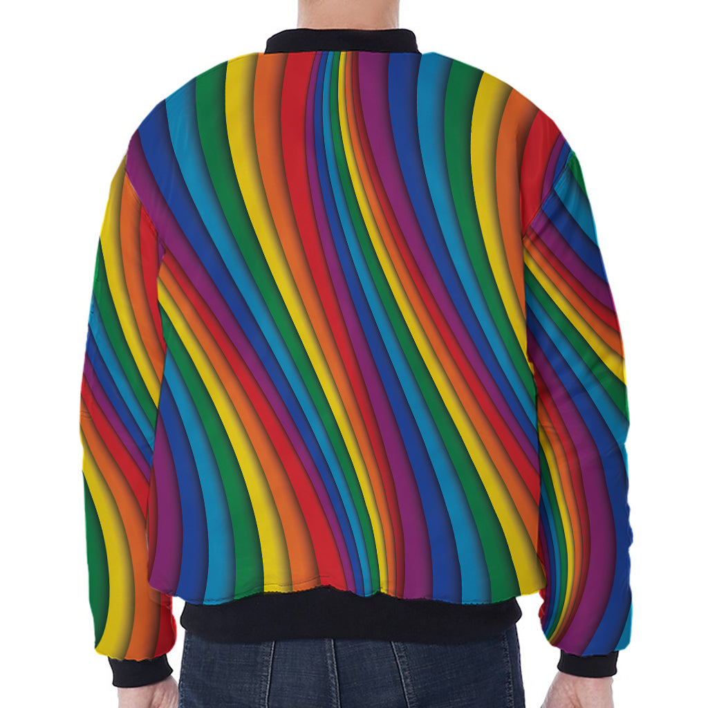 Curved Rainbow Pattern Print Zip Sleeve Bomber Jacket