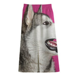 Cute Alaskan Malamute Print Cotton Front Slit Maxi Skirt