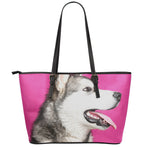 Cute Alaskan Malamute Print Leather Tote Bag