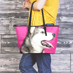 Cute Alaskan Malamute Print Leather Tote Bag