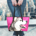 Cute Alaskan Malamute Print Leather Tote Bag