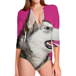 Cute Alaskan Malamute Print Long Sleeve Swimsuit