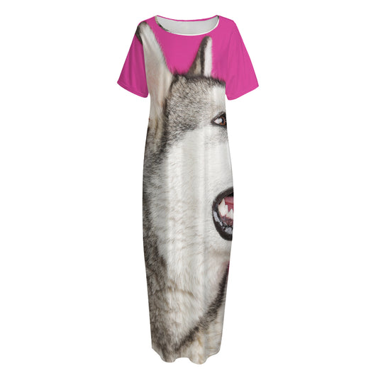 Cute Alaskan Malamute Print Short Sleeve Long Nightdress