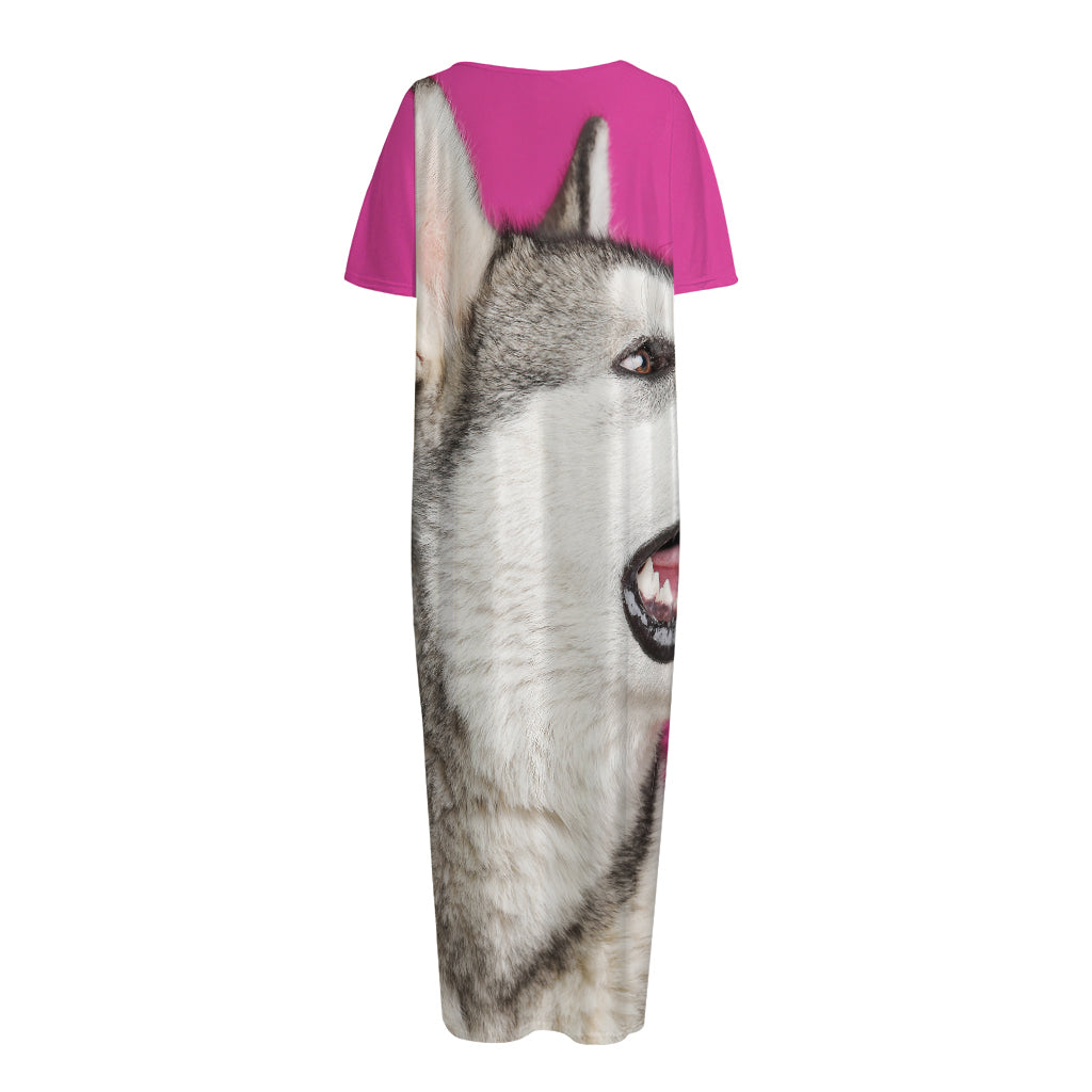 Cute Alaskan Malamute Print Short Sleeve Long Nightdress
