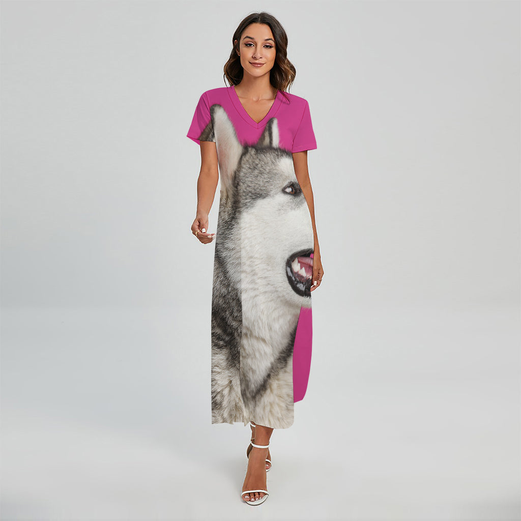 Cute Alaskan Malamute Print Short Sleeve Maxi Dress
