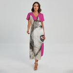 Cute Alaskan Malamute Print Short Sleeve Maxi Dress
