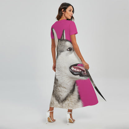 Cute Alaskan Malamute Print Short Sleeve Maxi Dress