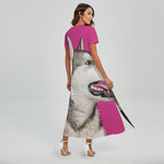 Cute Alaskan Malamute Print Short Sleeve Maxi Dress