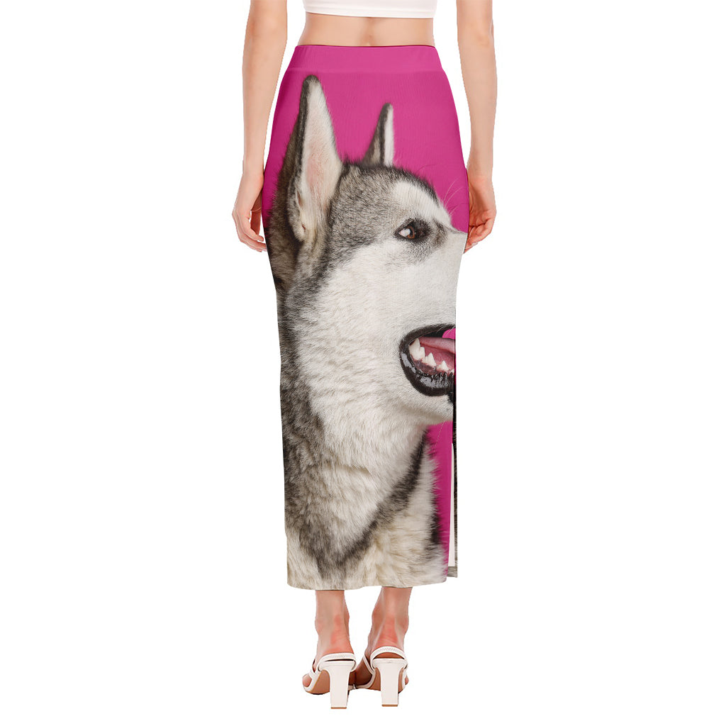 Cute Alaskan Malamute Print Side Slit Maxi Skirt