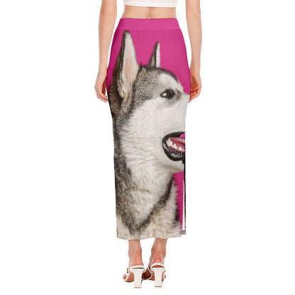 Cute Alaskan Malamute Print Side Slit Maxi Skirt