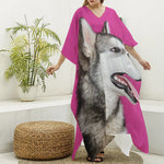 Cute Alaskan Malamute Print Silk V-Neck Kaftan Dress