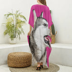 Cute Alaskan Malamute Print Silk V-Neck Kaftan Dress