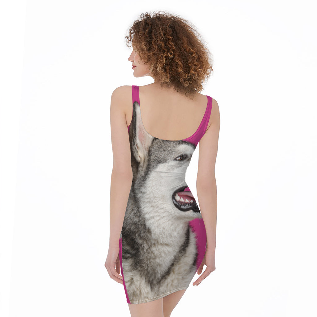 Cute Alaskan Malamute Print Sleeveless Bodycon Dress