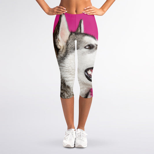 Cute Alaskan Malamute Print Women's Capri Leggings