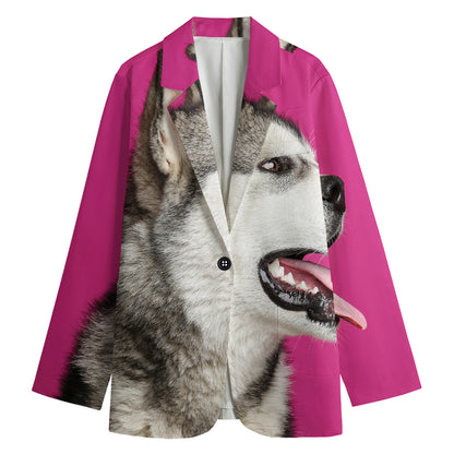 Cute Alaskan Malamute Print Women's Cotton Blazer