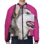 Cute Alaskan Malamute Print Zip Sleeve Bomber Jacket