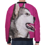 Cute Alaskan Malamute Print Zip Sleeve Bomber Jacket