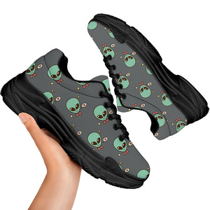 Cute Alien With Bow Tie Print Black Chunky Shoes