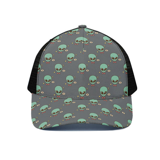 Cute Alien With Bow Tie Print Black Mesh Trucker Cap