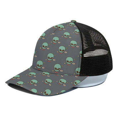 Cute Alien With Bow Tie Print Black Mesh Trucker Cap