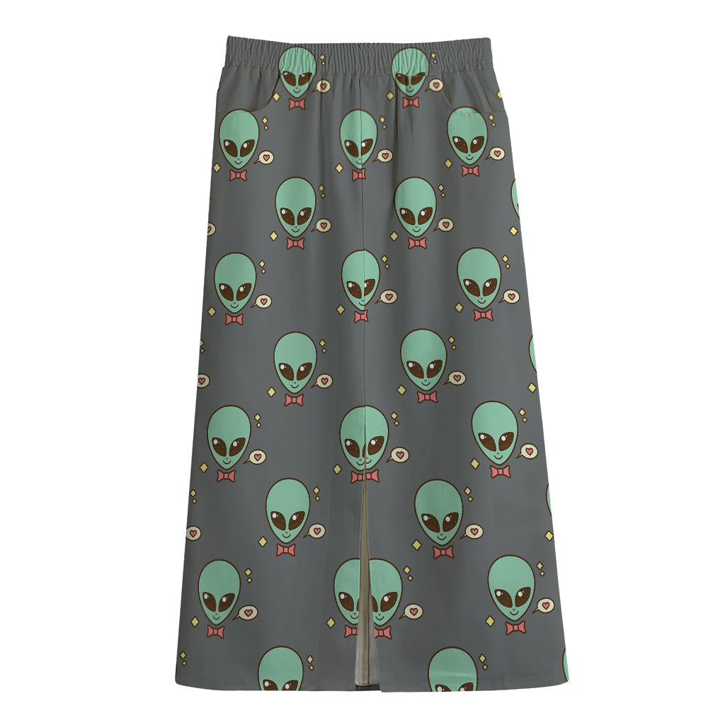 Cute Alien With Bow Tie Print Cotton Front Slit Maxi Skirt