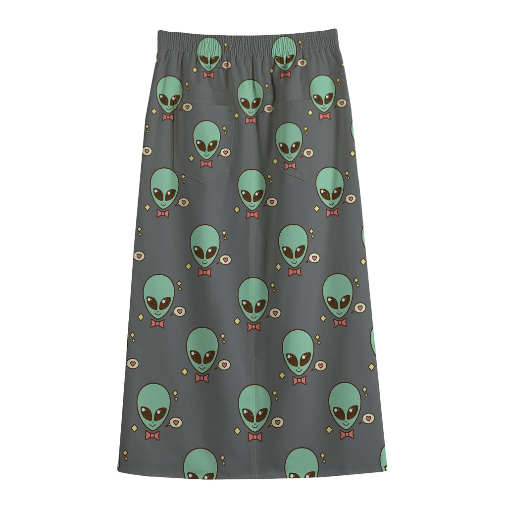 Cute Alien With Bow Tie Print Cotton Front Slit Maxi Skirt