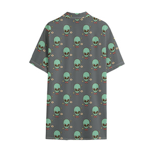 Cute Alien With Bow Tie Print Cotton Hawaiian Shirt