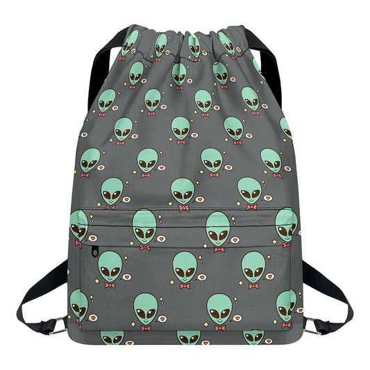 Cute Alien With Bow Tie Print Drawstring Backpack