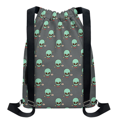 Cute Alien With Bow Tie Print Drawstring Backpack