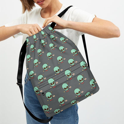 Cute Alien With Bow Tie Print Drawstring Backpack