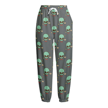 Cute Alien With Bow Tie Print Fleece Lined Knit Pants