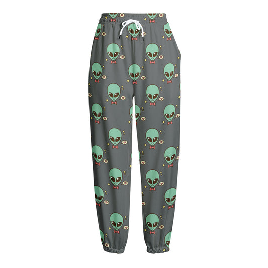 Cute Alien With Bow Tie Print Fleece Lined Knit Pants