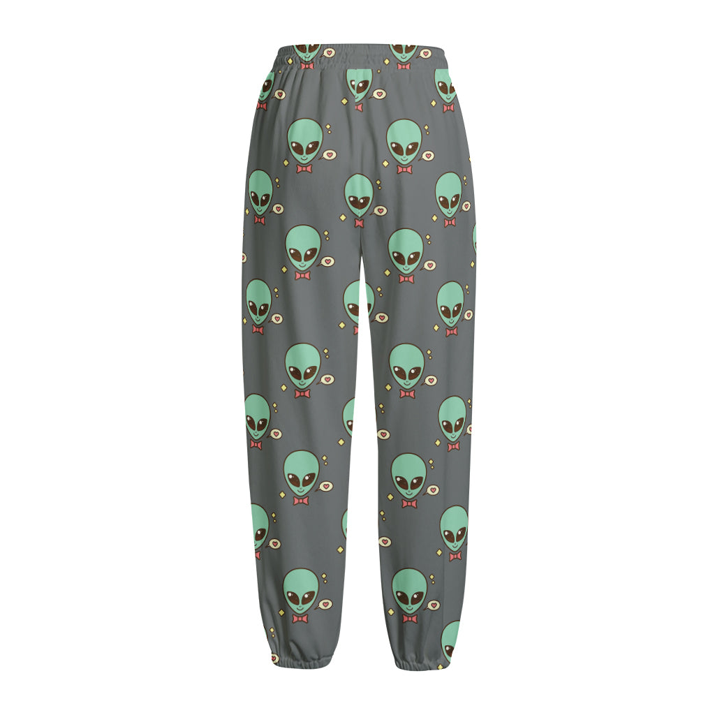 Cute Alien With Bow Tie Print Fleece Lined Knit Pants