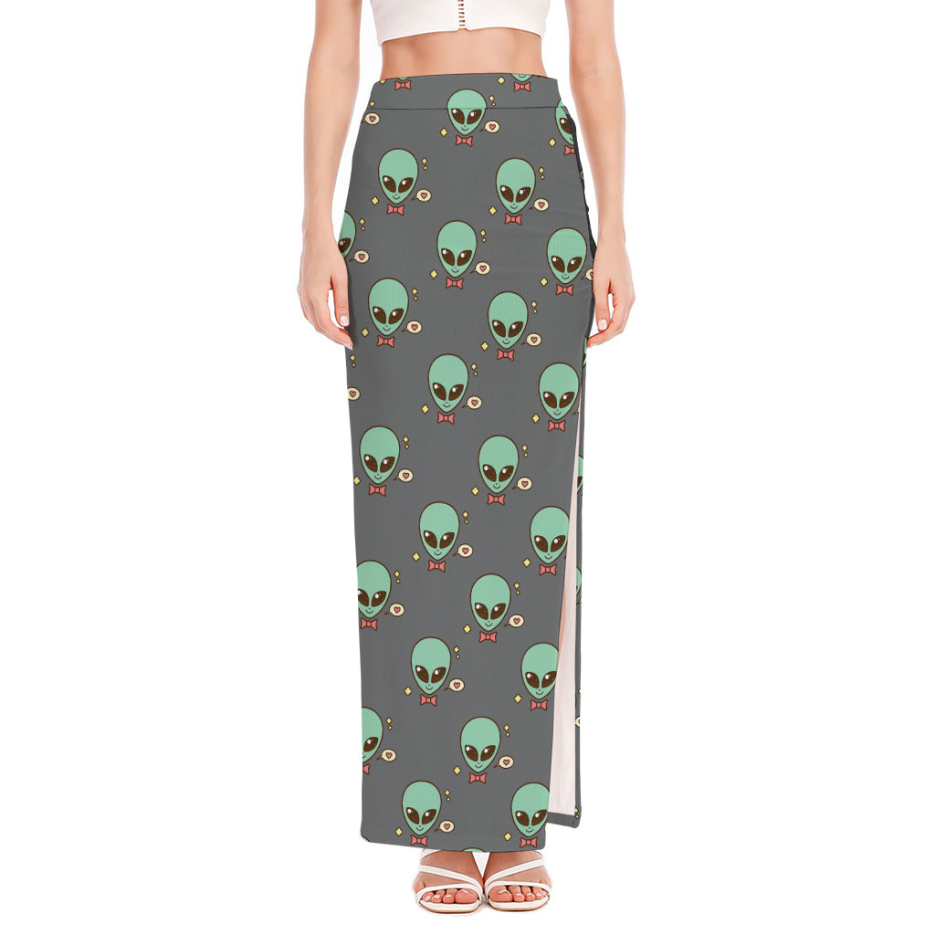 Cute Alien With Bow Tie Print High Slit Maxi Skirt