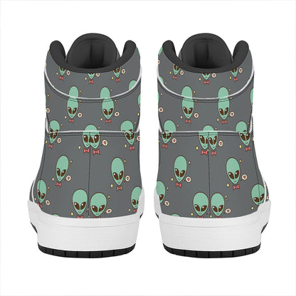 Cute Alien With Bow Tie Print High Top Leather Sneakers