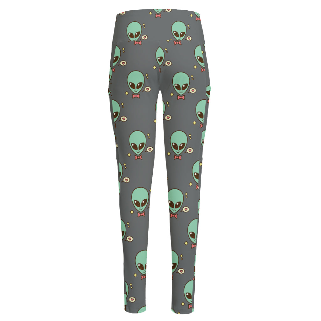 Cute Alien With Bow Tie Print High-Waisted Pocket Leggings