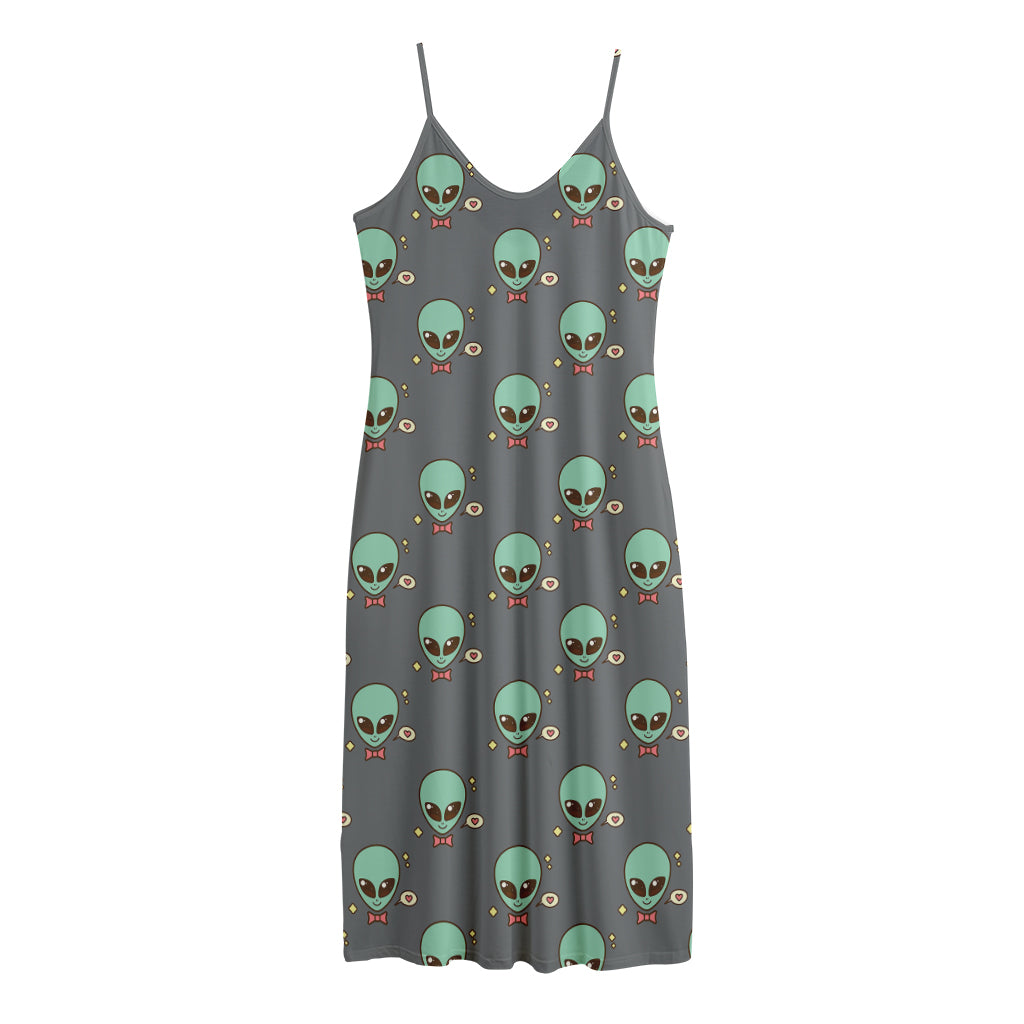 Cute Alien With Bow Tie Print Jersey Midi Cami Dress