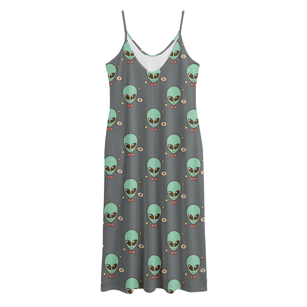 Cute Alien With Bow Tie Print Jersey Midi Cami Dress