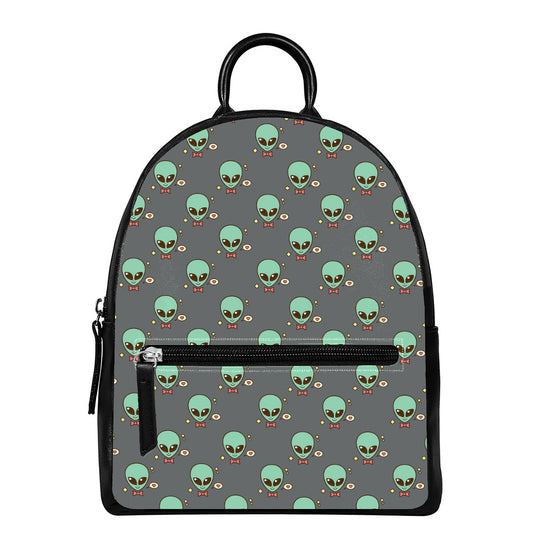 Cute Alien With Bow Tie Print Leather Backpack