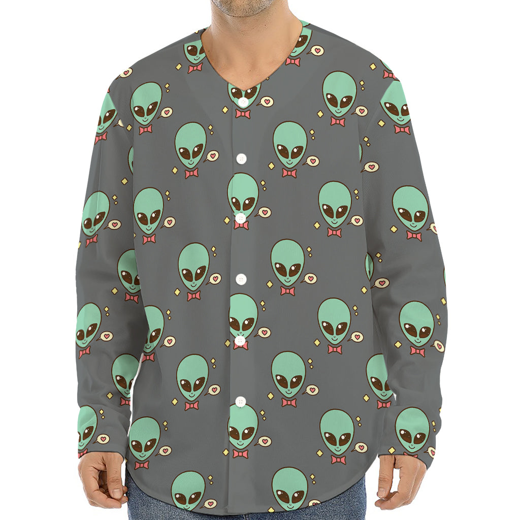 Cute Alien With Bow Tie Print Long Sleeve Baseball Jersey