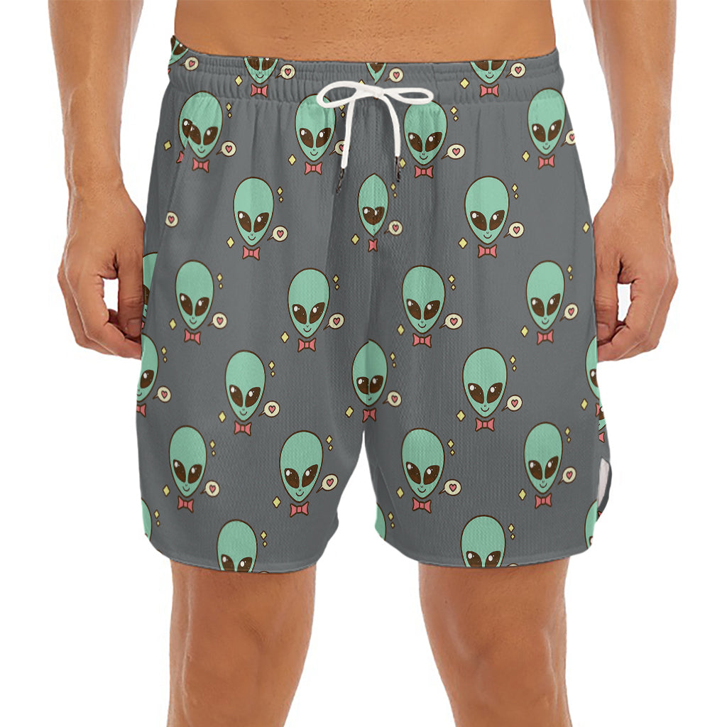 Cute Alien With Bow Tie Print Men's Split Running Shorts