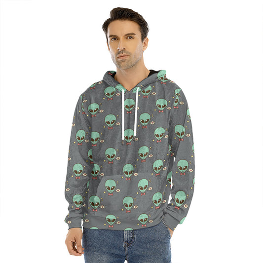 Cute Alien With Bow Tie Print Men's Velvet Pullover Hoodie