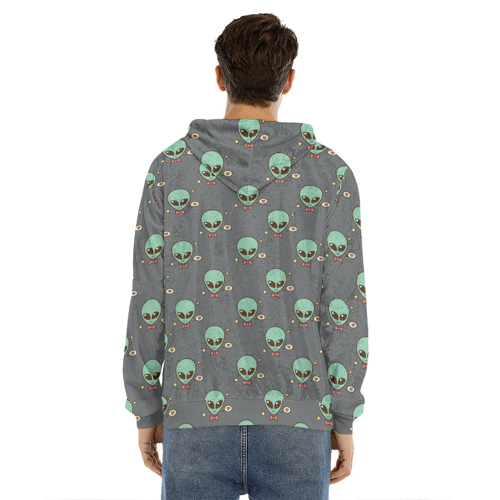 Cute Alien With Bow Tie Print Men's Velvet Pullover Hoodie