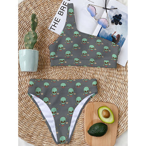 Cute Alien With Bow Tie Print One Shoulder Bikini Top