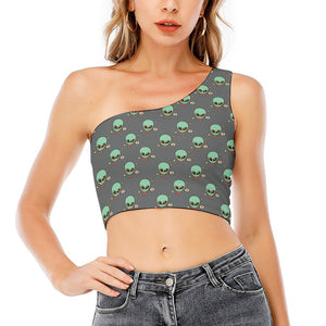 Cute Alien With Bow Tie Print One Shoulder Crop Top