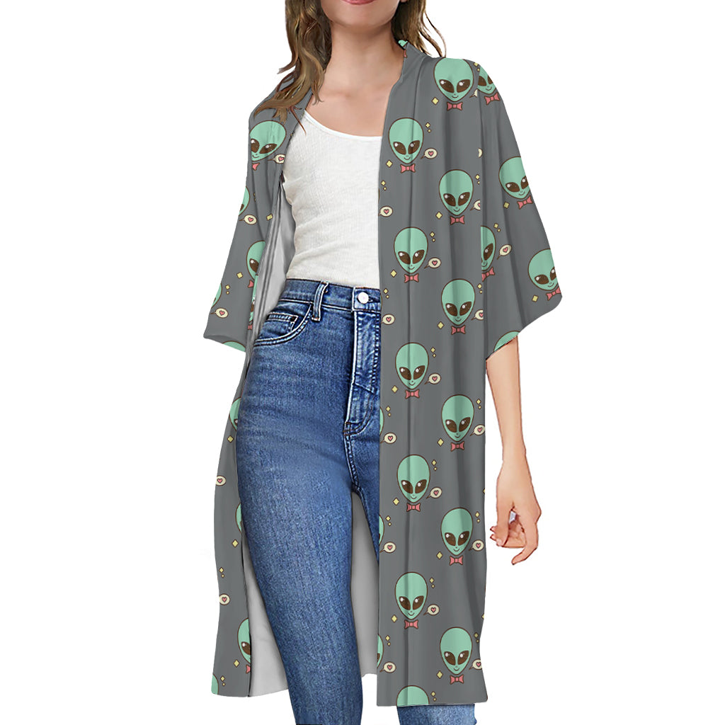 Cute Alien With Bow Tie Print Open Front Beach Cover Up