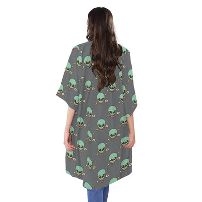 Cute Alien With Bow Tie Print Open Front Beach Cover Up