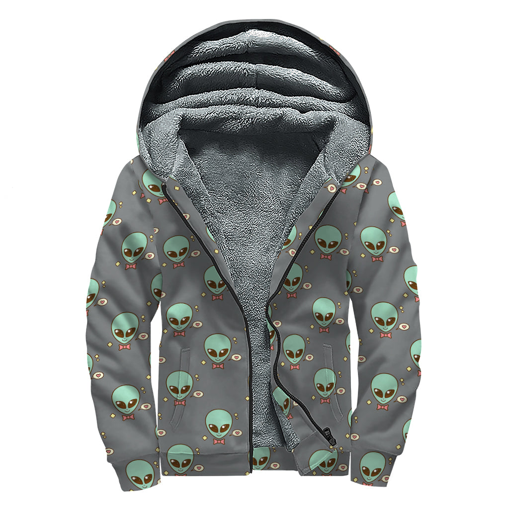 Cute Alien With Bow Tie Print Sherpa Lined Zip Up Hoodie